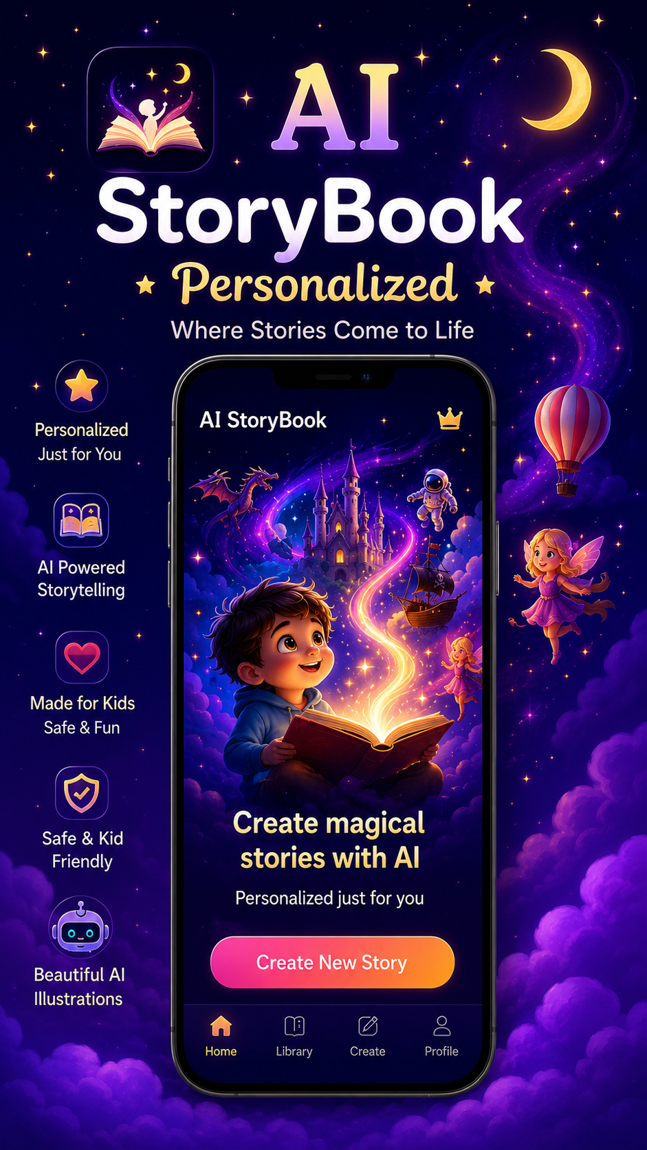 AI Storybook home screen and app benefits